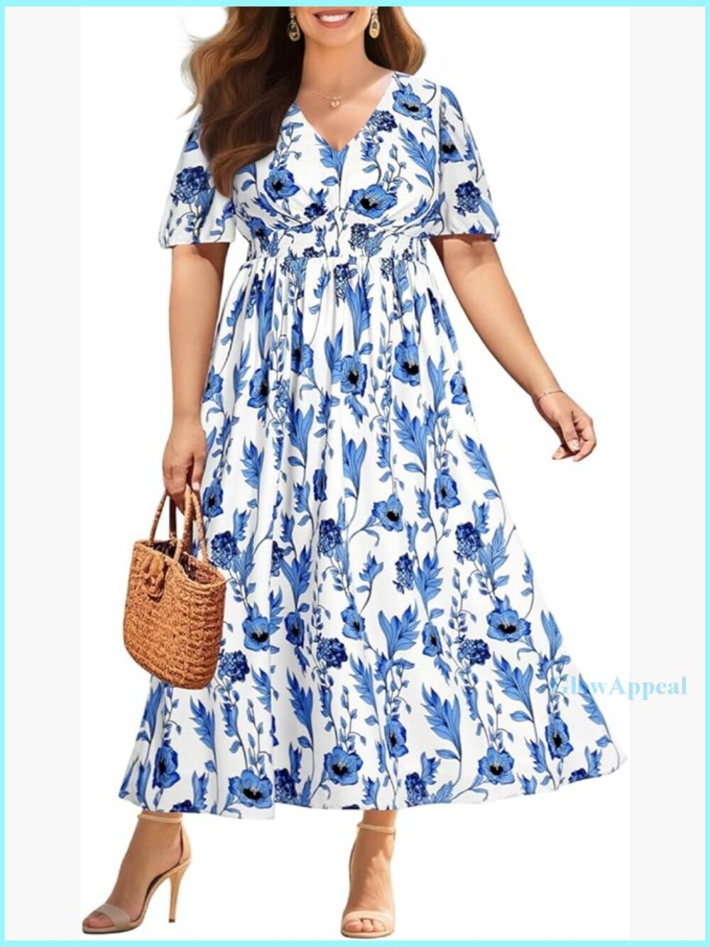 Plus Size Maxi Dress with V Neck Puff Sleeves Shirred Waist Summer Wedding Guest